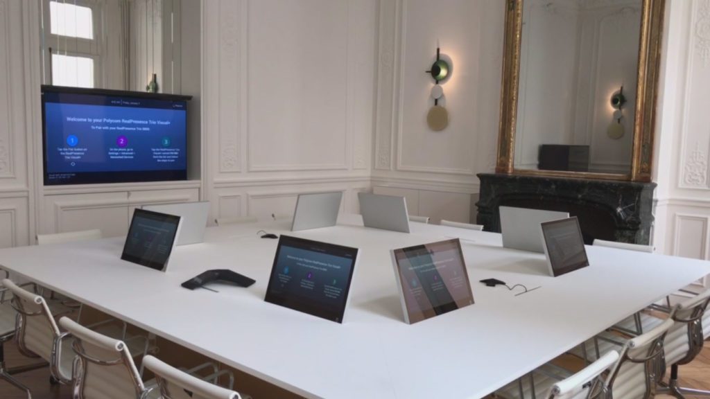 Meeting Room Setup with advance technology, integrated video presentation, interactive tablets and electrical wiring.