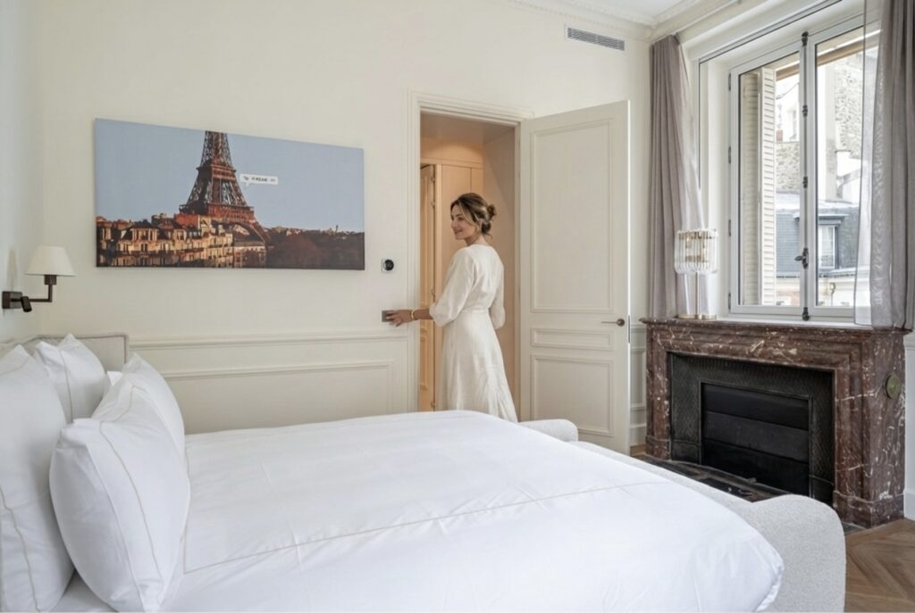 Elegant bedroom with Smart Home technology installed. Elegant switches, design to make things more convenient with a single touch button for each scenario