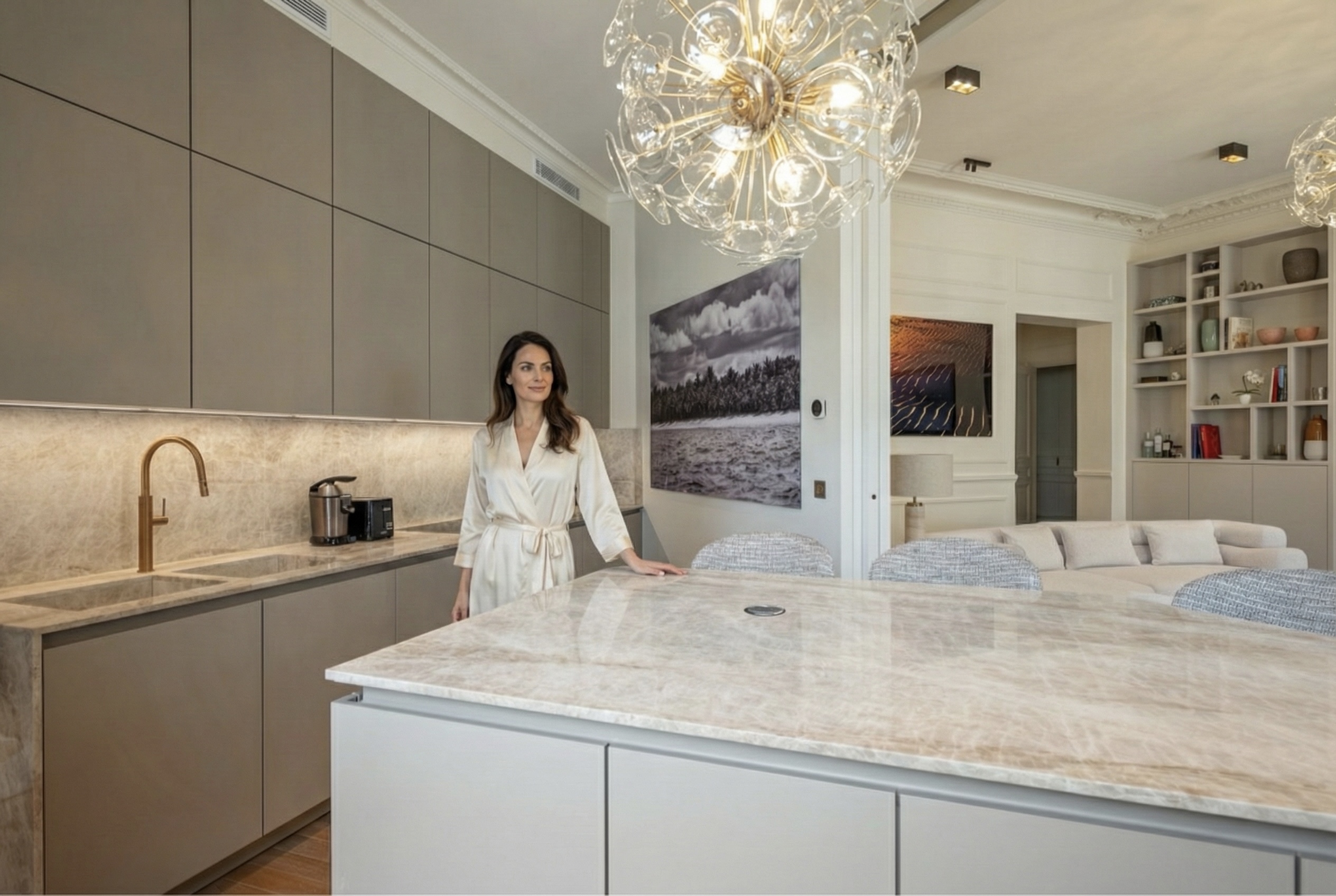 Modern Haussmann Parisian kitchen with smart home controls