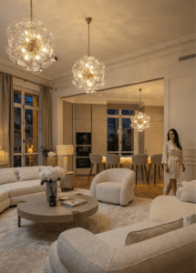 Management of lighting scenarios for a subdued evening atmosphere in a luxury smart apartment.
