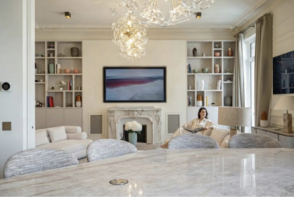 Invisible technology enjoyed by woman living in a fully integrated smart home in Paris by Hi-Concept.