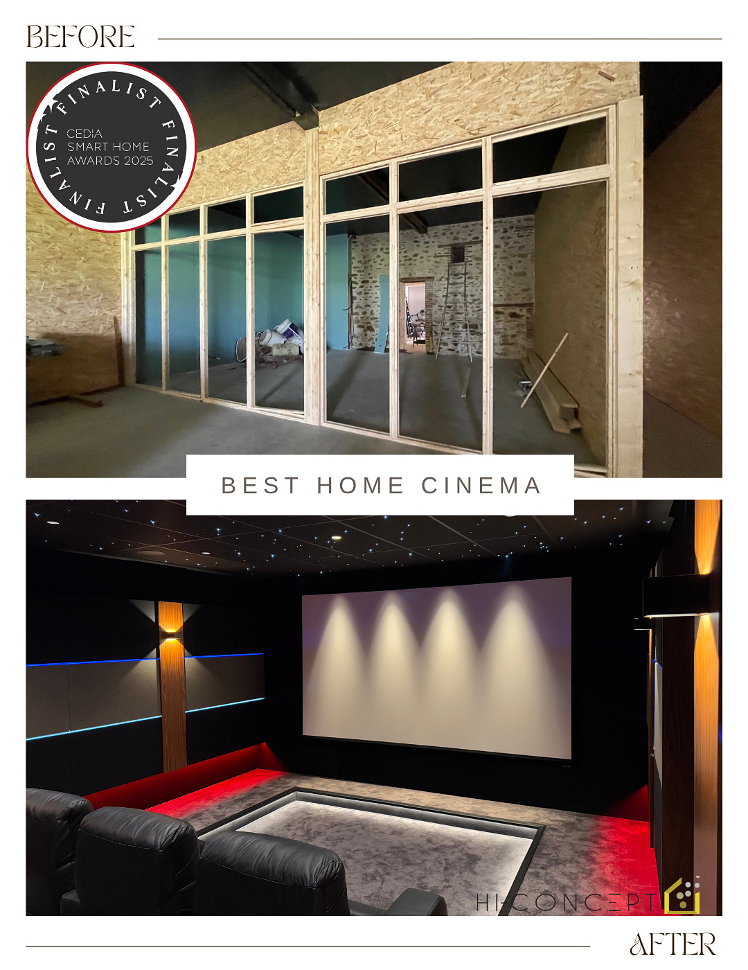 Avant Après construction salle de cinéma privée Blockbuster Barn