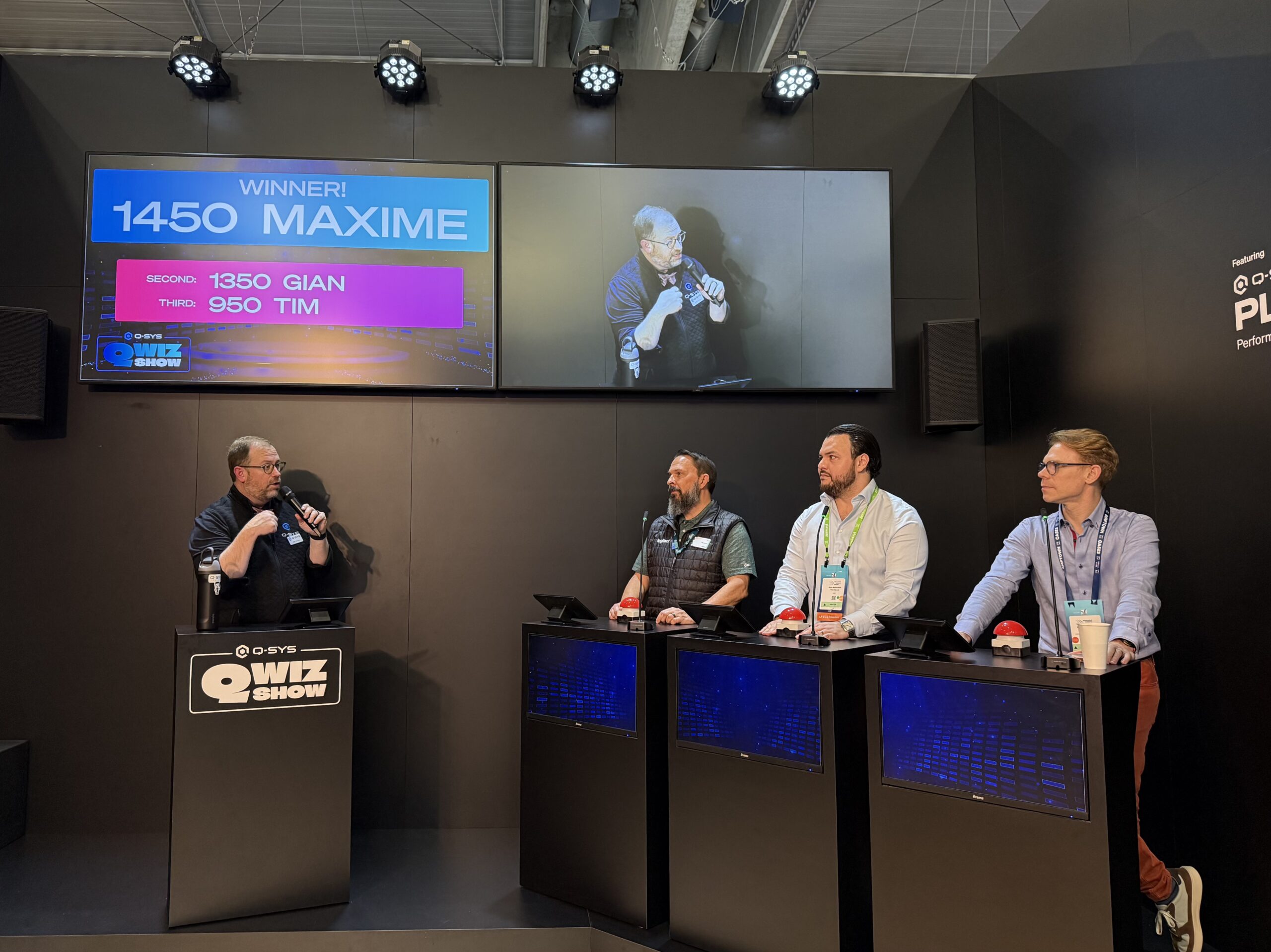 The results of the Q-sys Qwiz where Maxime, Hi-Concept won, as part of their 22 minute interactive tour of their systems at ISE 2026